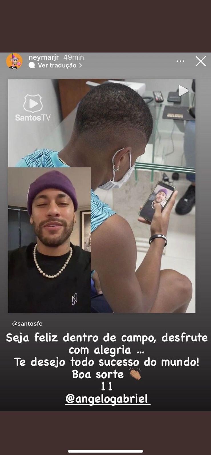 Neymar desejou sorte para Ângelo após o jogador receber a camisa 11 da diretoria do Santos. Foto: Reprodução/ Instagram Neymar