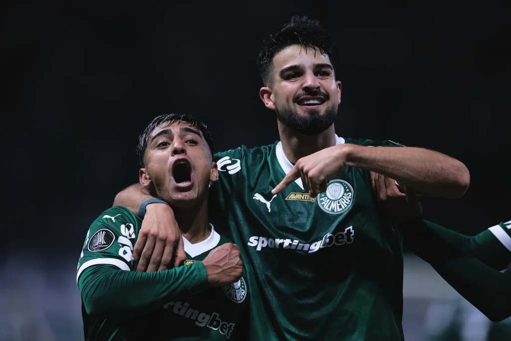 Flaco Lopez jogador do Palmeiras comemora seu gol durante partida contra o River Plate no estadio Arena Allianz Parque pela Libertadores 2025. Foto: Ettore Chiereguini/AGIF