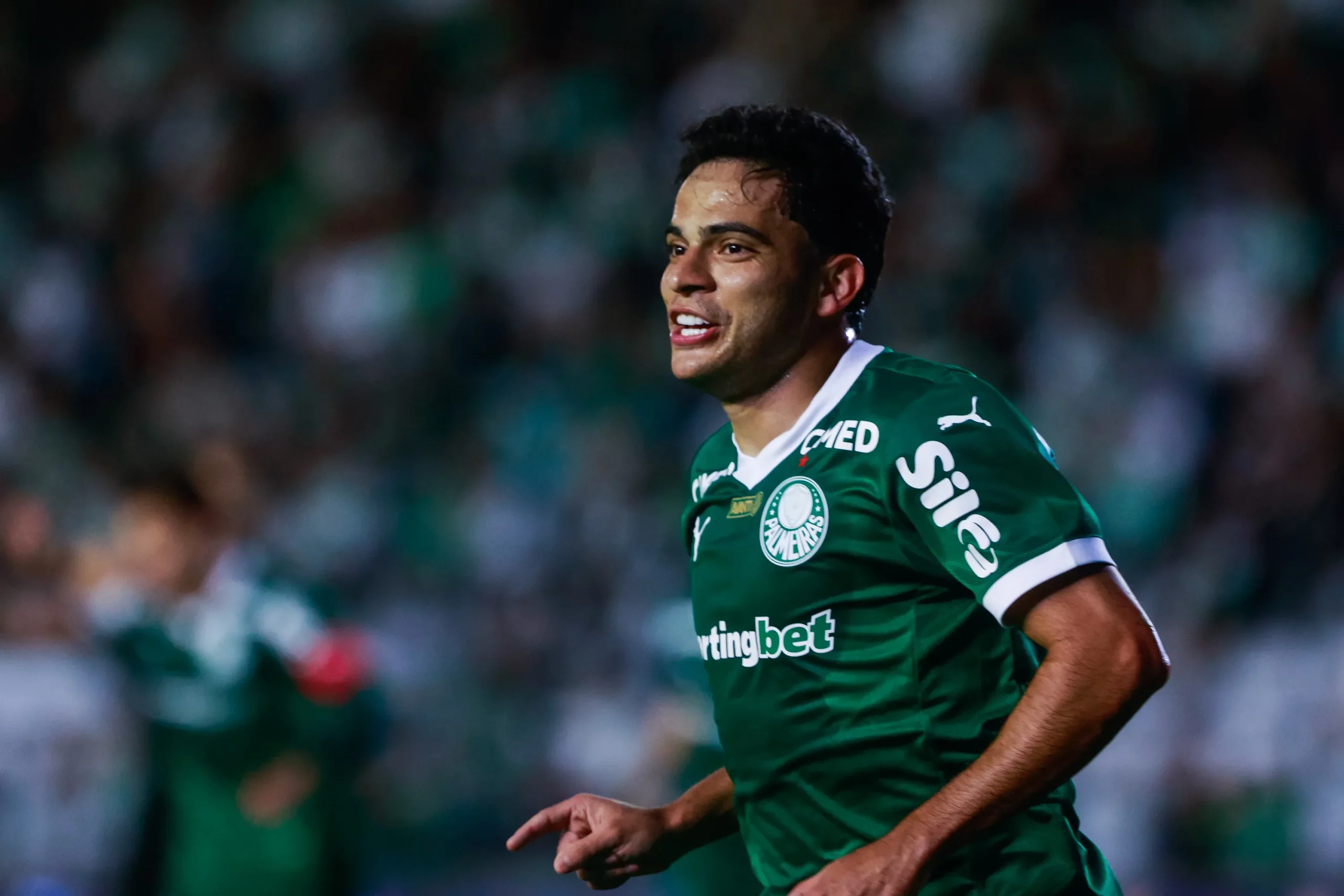 Bruno Rodrigues jogador do Palmeiras comemora seu gol durante partida contra o Juventude no estadio Alfredo Jaconi pelo campeonato Brasileiro A 2025. Foto: Luiz Erbes/AGIF
