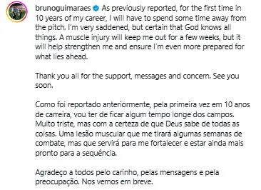 Publicação Bruno Guimarães. . Foto: Reprodção/Instagram oficial Bruno Guimarães.