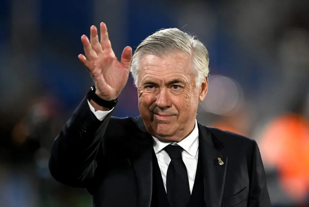 GETAFE, SPAIN – APRIL 23: Carlo Ancelotti, Head Coach of Real Madrid, gestures during the LaLiga match between Getafe CF and Real Madrid CF at Coliseum Alfonso Perez on April 23, 2025 in Getafe, Spain. (Photo by Denis Doyle/Getty Images)
