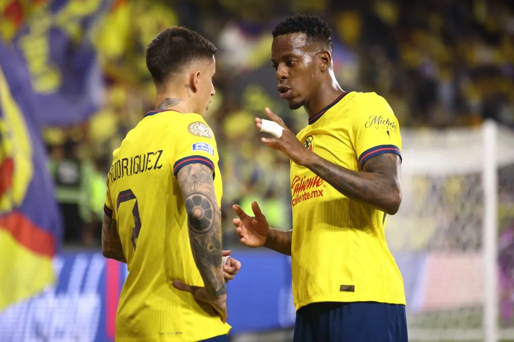 LOS ANGELES, CALIFORNIA – MAY 31: Cristian Borja #26 (R) talks to teammate Brian Rodriguez #7 during the FIFA Club World Cup 2025 Play-In match between Los Angeles Football Club and Club America at BMO Stadium on May 31, 2025 in Los Angeles, California. (Photo by Jessie Alcheh/Getty Images)
