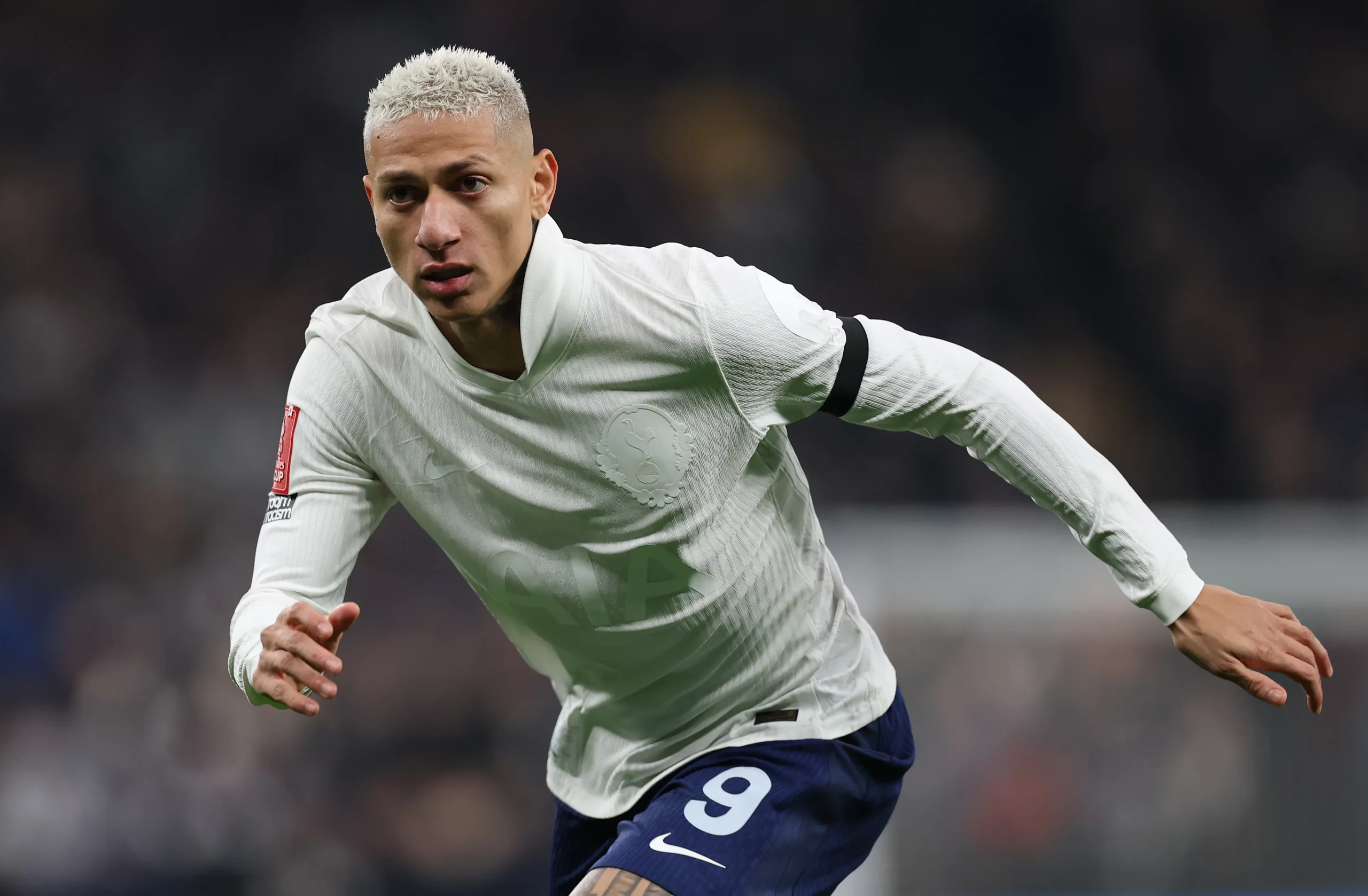 LONDON, ENGLAND – JANUARY 10: Richarlison of Tottenham Hotspur reacts during the Emirates FA Cup Third Round match between Tottenham Hotspur and Aston Villa on January 10, 2026 in London, England. (Photo by Ryan Pierse/Getty Images)