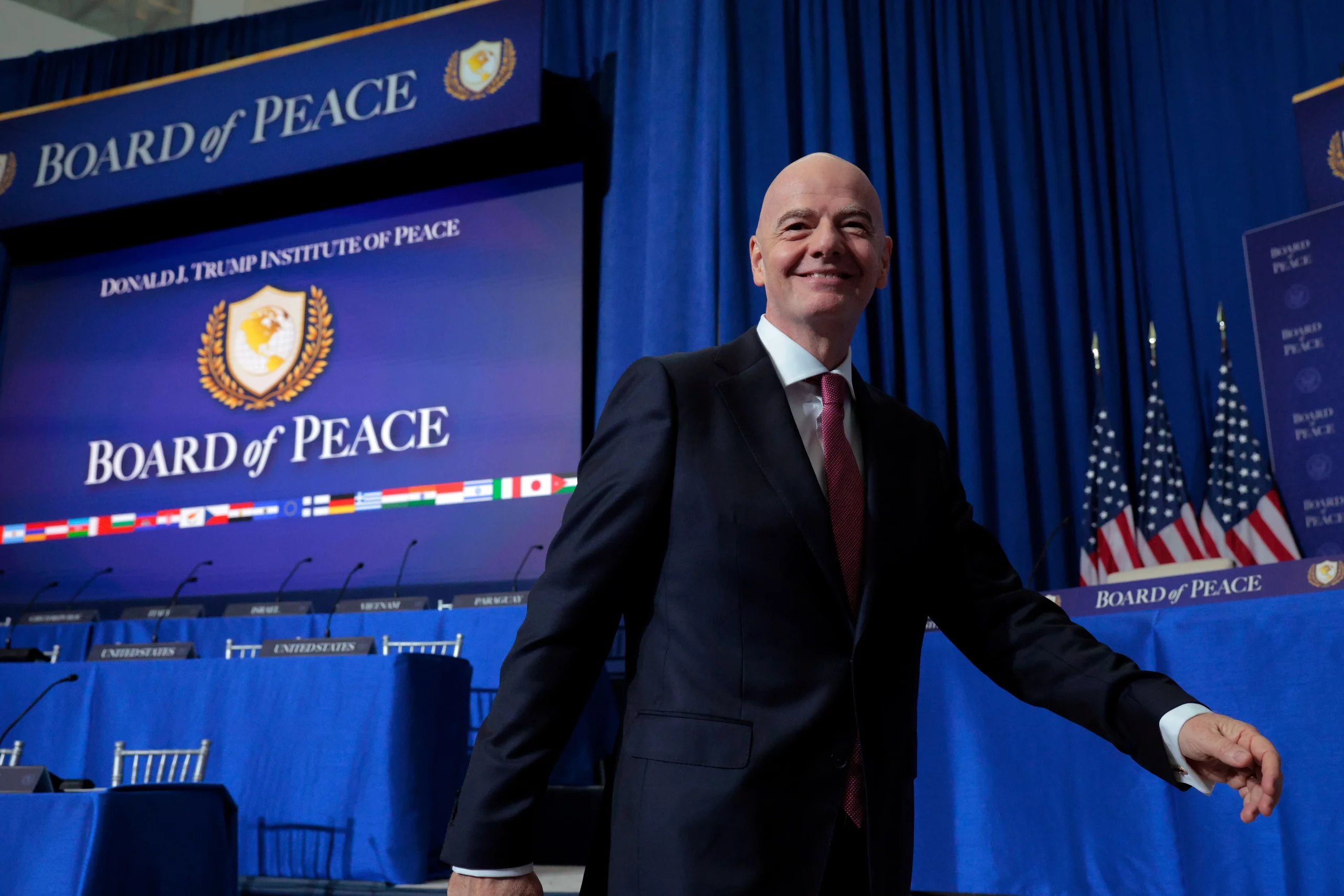 President of FIFA Gianni Infantino attends the inaugural meeting of the Board of Peace at the Institute of Peace on February 19, 2026 in Washington, DC. Assembled to raise money for the rebuilding and stabilization of Gaza, Trump’s Board of Peace was formally established on the sidelines of World Economic Forum in January of 2026. (Photo by Chip Somodevilla/Getty Images)