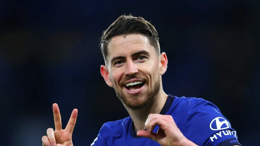 LONDON, ENGLAND – MAY 18: Jorginho of Chelsea celebrates after scoring their sides second goal from the penalty spot during the Premier League match between Chelsea and Leicester City at Stamford Bridge on May 18, 2021 in London, England. A limited number of fans will be allowed into Premier League stadiums as Coronavirus restrictions begin to ease in the UK following the COVID-19 pandemic. (Photo by Catherine Ivill/Getty Images)