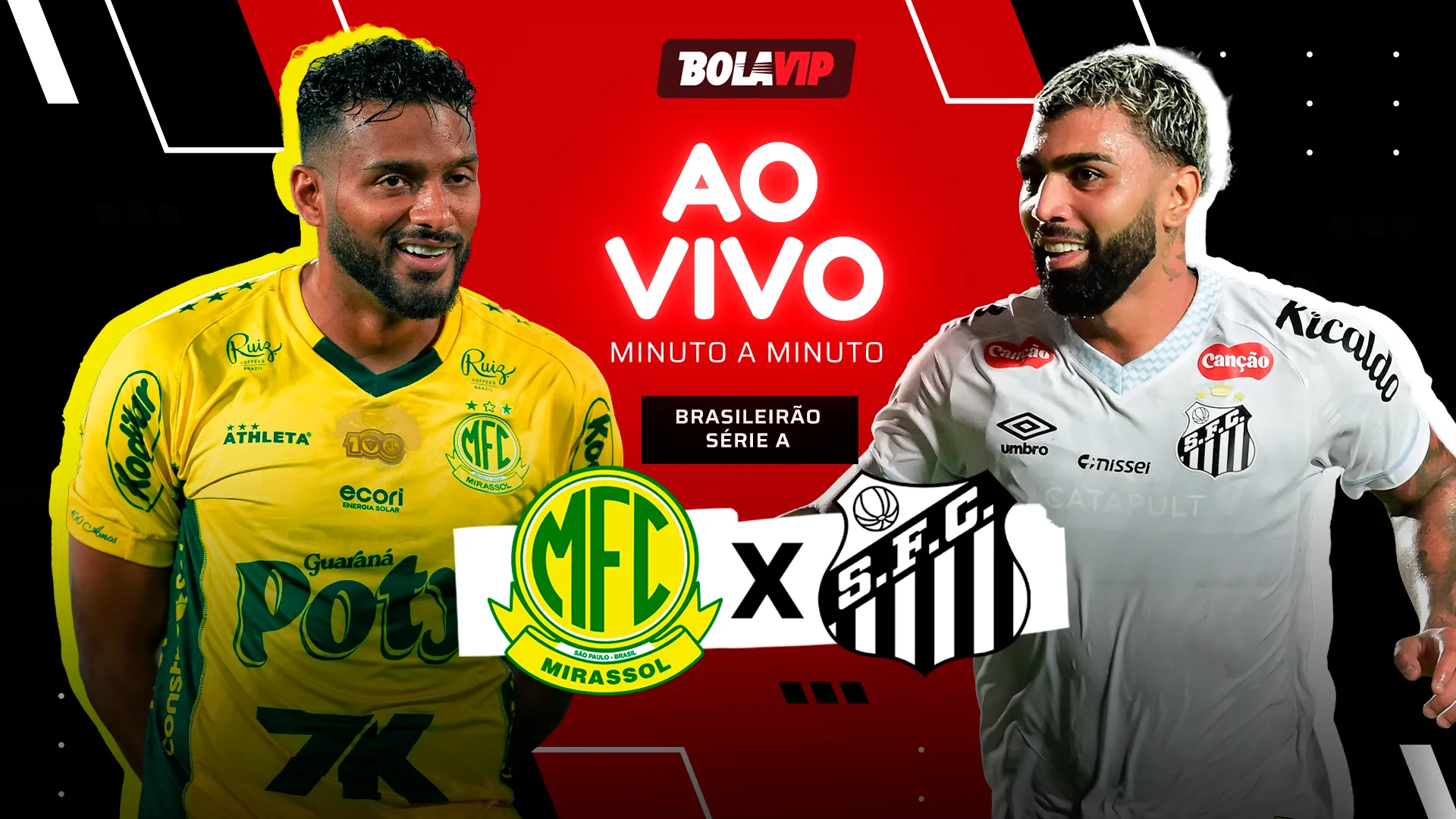 Mirassol x Santos foi transmitido ao vivo pelo Bolavip Brasil. Fotos: Jorge Rodrigues e Jota Erre – AGIF