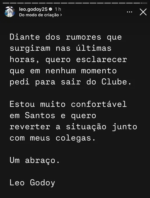 Publicação do jogador. Foto: Reprodução/Instagram oficial Léo Godoy