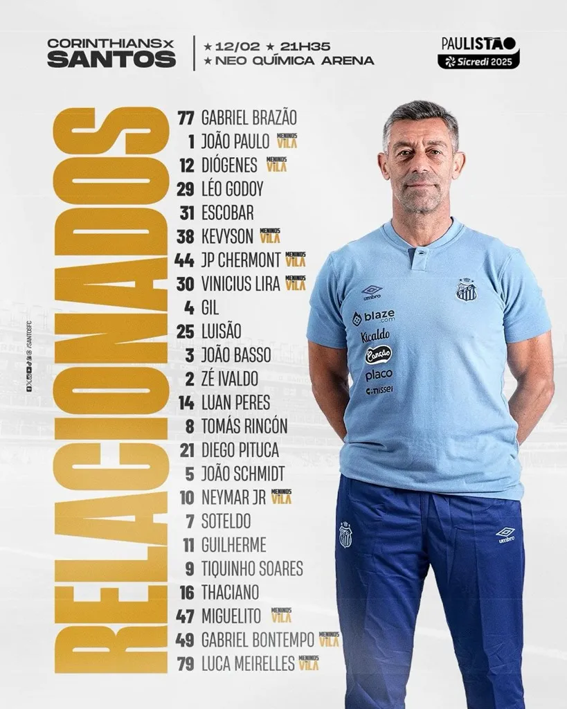 Santos divulgou os relacionados contra o Corinthians  e Miguelito está entre os relacionados, assim como outras joias dos Meninos da Vila. Foto: Divulgação/Santos/Diário do Peixe