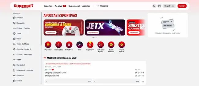 Captura de tela do site oficial da Superbet mostrando opções de apostas esportivas