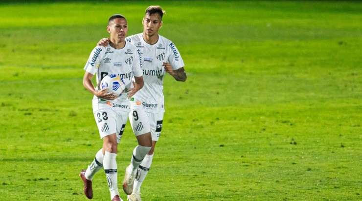 Jogadores do Santos comemoram gol (Foto: Diogo Reis/AGIF)