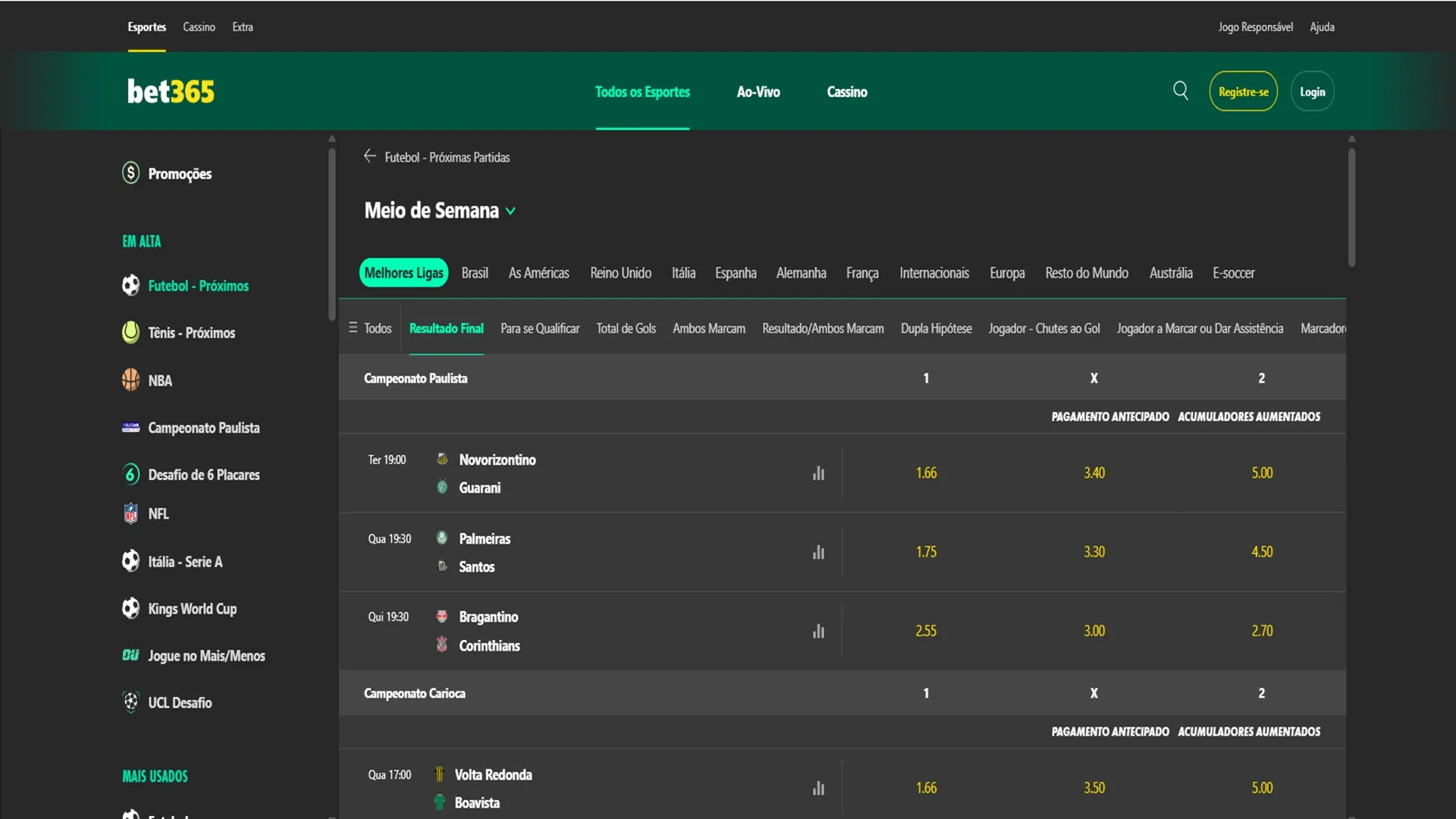 Faça seu bet365 cadastro para apostar. Captura de tela feita em 12/01/26. Odds estão sujeitas a mudança.