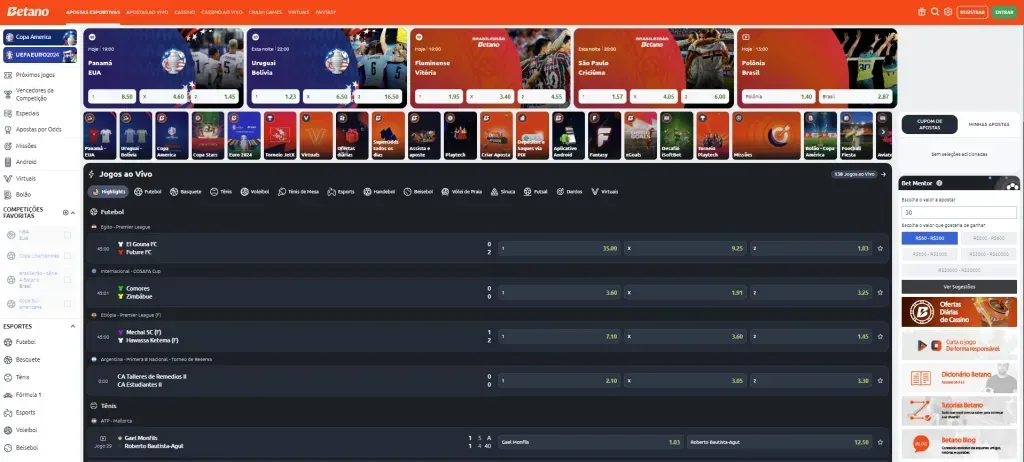 Captura da tela de site da Betano, com lista de esportes à esquerda, jogos ao vivo e principais eventos ao centro, e Bet Mentor e ofertas à direita