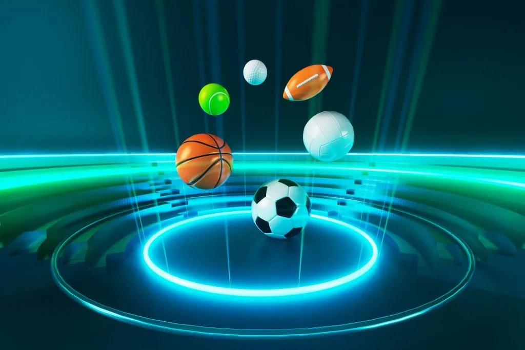Imagem gráfica de bolas de esportes variados em movimento de órbita acima de plataforma iluminada com luzes neon. 