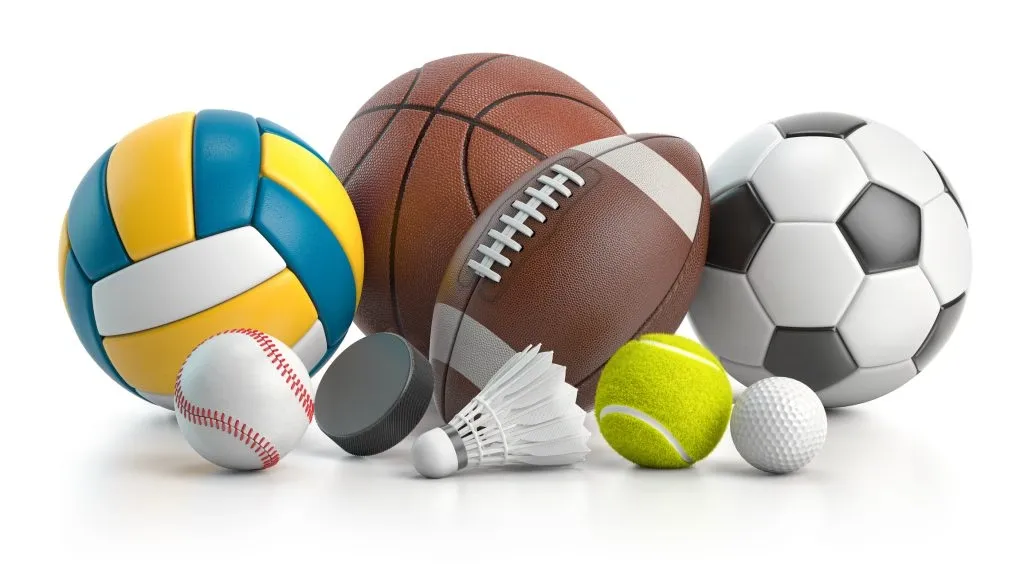 Imagem gráfica com bolas de variados esportes (vôlei, basquete, futebol, tênis, golf, etc.) lado a lado. 