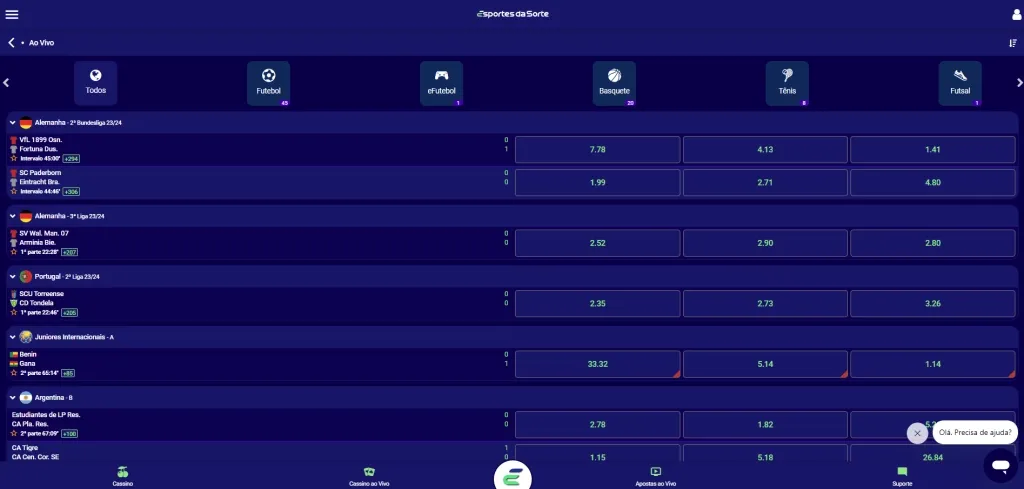 Captura de tela do site da Esportes da Sorte demonstrando o layout e seções pelas quais pode-se navegar. 