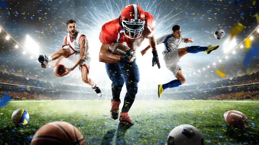 Imagem com três atletas, um de basquete, um de futebol americano e outro de futebol lado a lado, com efeitos de luzes e confetes no centro de um estádio.