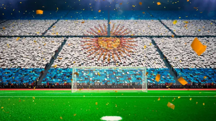 Estádio de futebol com bandeira da Argentina desenhada pelas cadeiras da arquibancada