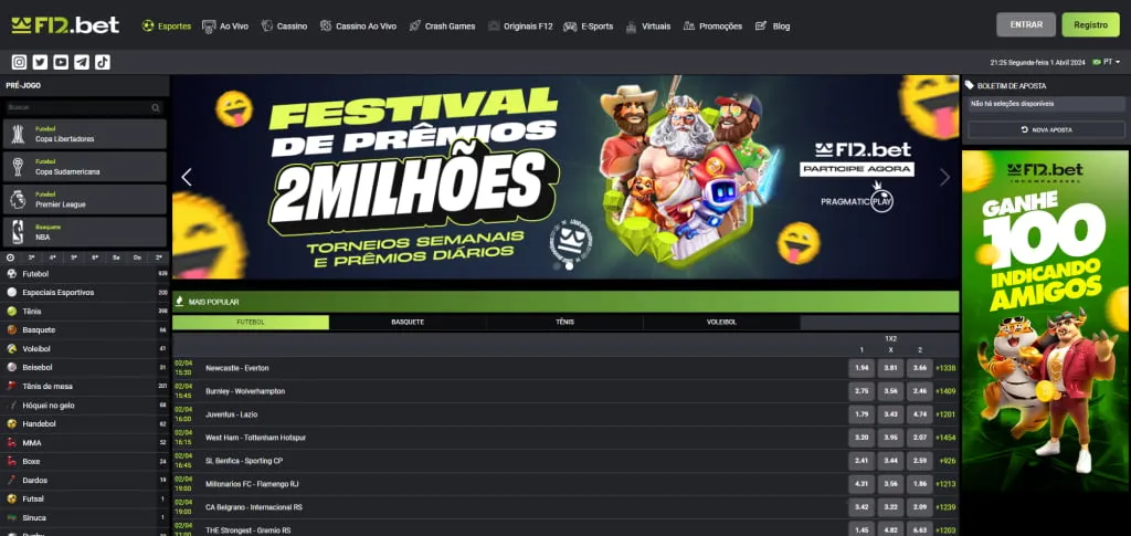 Captura de tela da página inicial da F12.bet demonstrando as opções de navegação e os principais esportes disponíveis na plataforma.