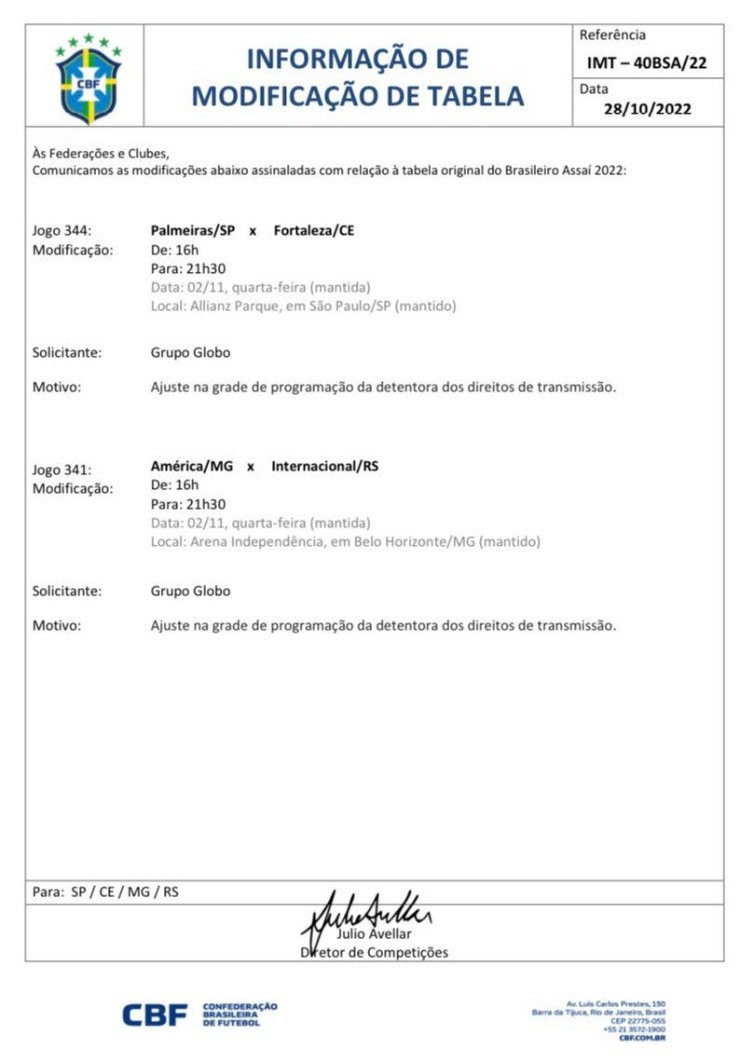 CBF confirmou há pouco as mudanças dos jogos entre Palmeiras x Fortaleza e América x Internacional