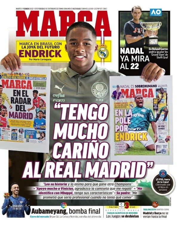 Jornal ‘Marca’ deu grande destaque a Endrick com entrevista e reportagem que aborda família e breve carreira da joia -Foto: Reprodução