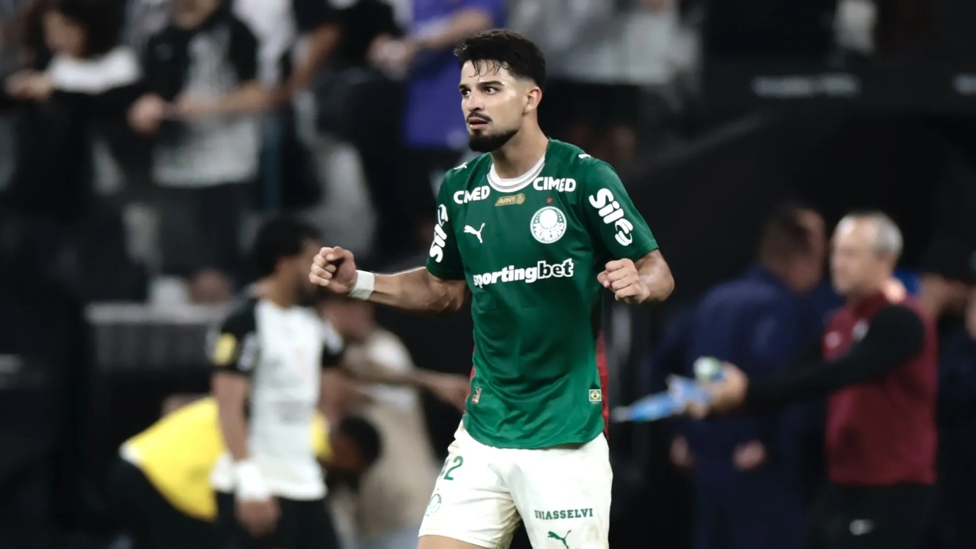 Flaco Lopez, jogador do Palmeiras comemora seu gol durante partida contra o Corinthians Campeonato Paulista 2026. Foto: Marcello Zambrana/AGIF