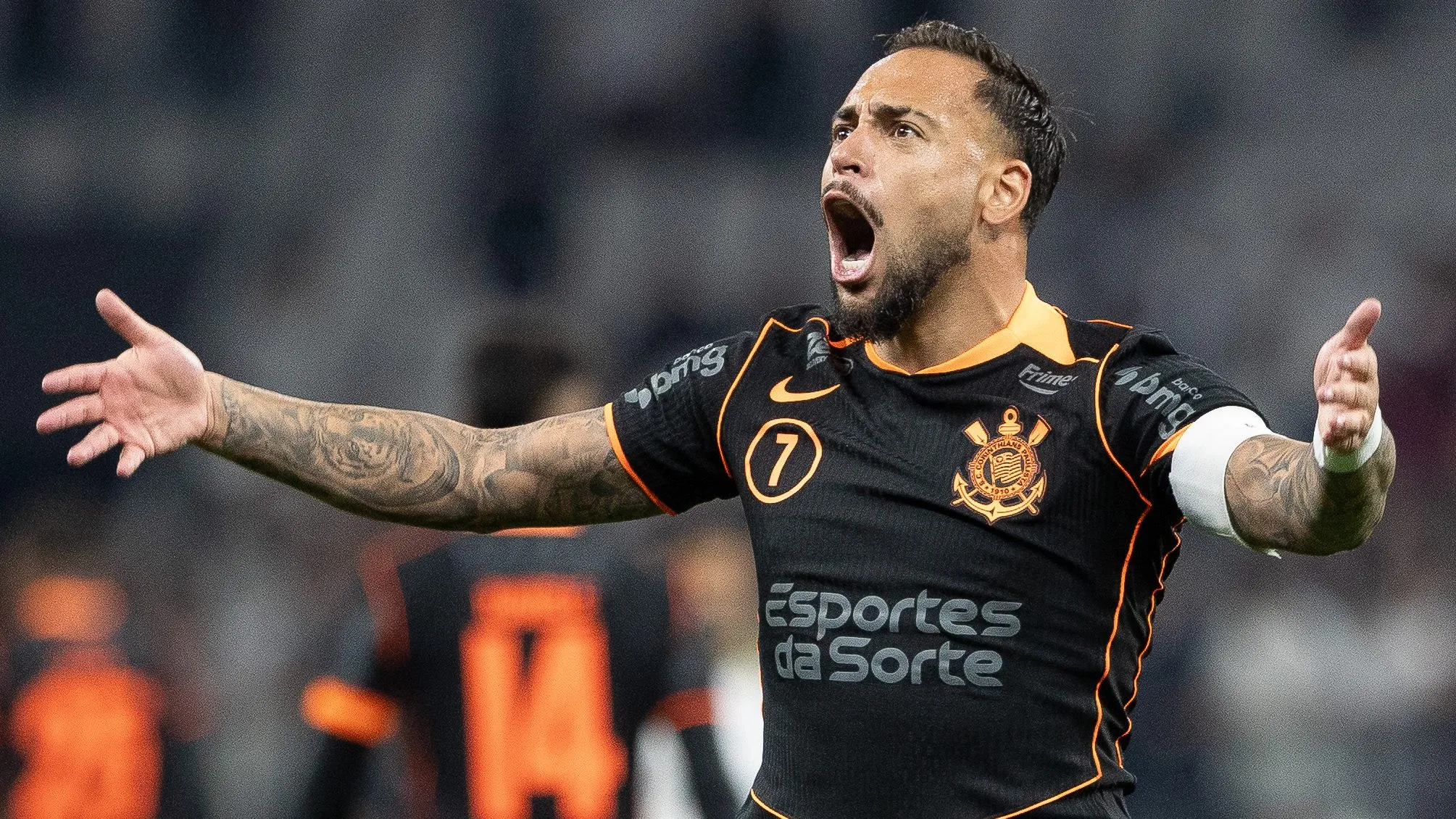 Maycon, jogador do Corinthians, comemora seu gol durante partida contra o Atletico-MG no estadio Arena Corinthians pelo campeonato Brasileiro A 2025. Foto: Joisel Amaral/AGIF