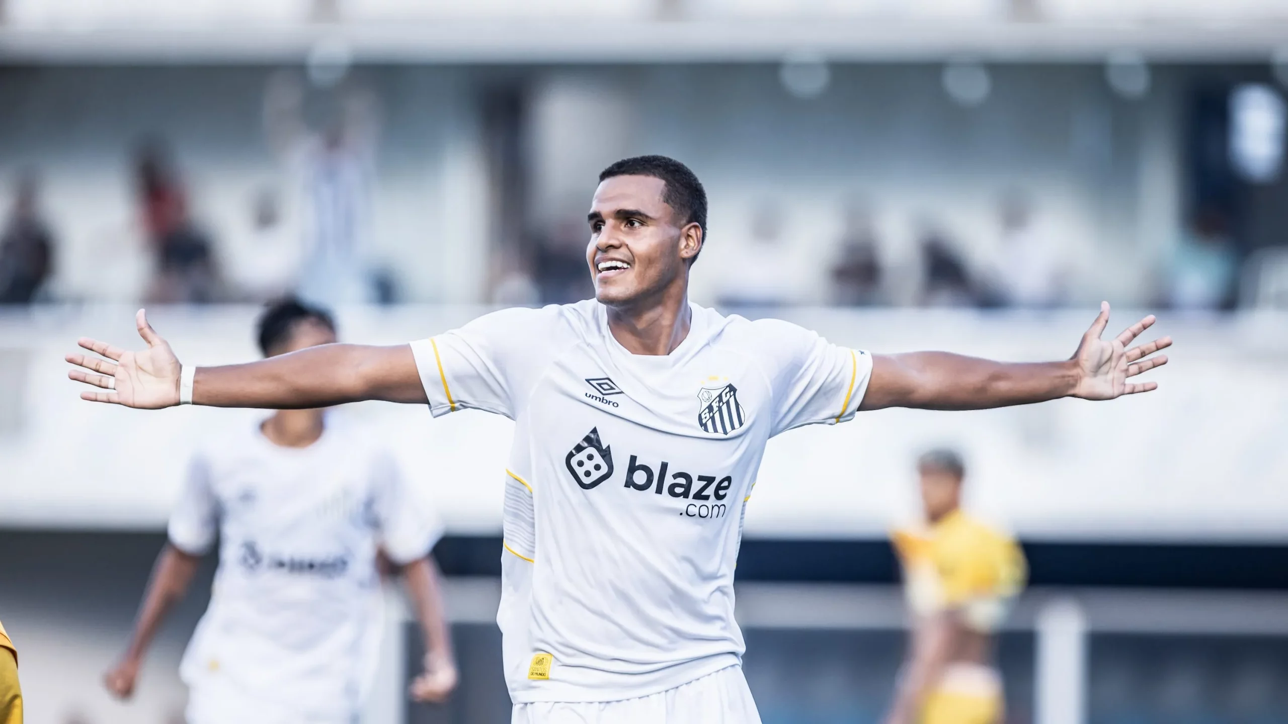 Enzo Monteiro jogador do Santos comemora seu gol durante partida contra o Nova Venecia no estadio Arena Inamar pelo campeonato Copa Sao Paulo 2024. Foto: Abner Dourado/AGIF