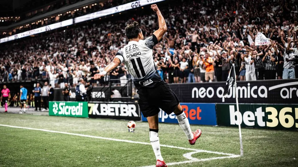 Angel Romero jogador do Corinthians comemora seu gol durante partida contra o Mirassol no estádio Arena Corinthians pelo campeonato Paulista 2025. Foto: Leonardo Lima/AGIF