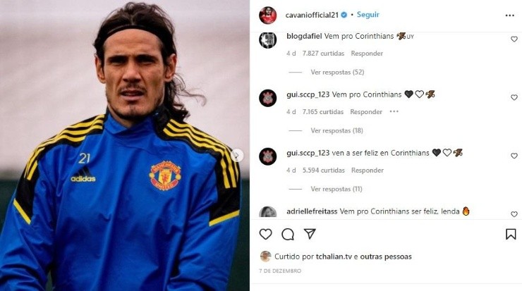 Torcida do Corinthians pedindo a contratação de Edson Cavani. Foto: Reprodução Instagram
