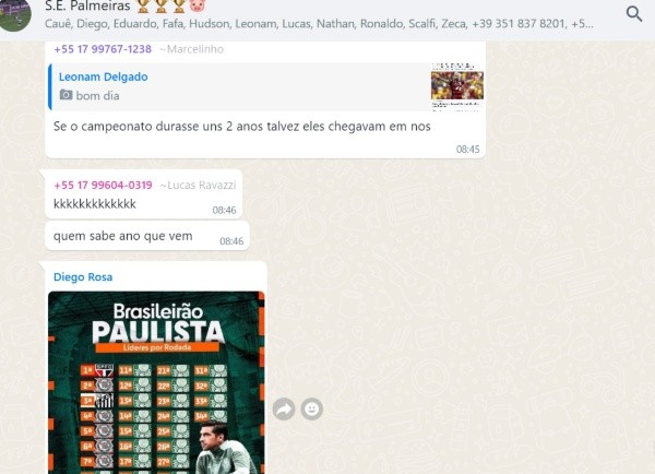 Foto: Reprodução/WhatsApp – Torcedores do Palmeiras ironizaram declaração de Vidal, do Flamengo