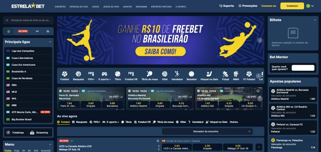 Captura de tela do site da EstrelaBet após o cadastro, demonstrando a plataforma e as diferentes seções pelas quais é possível navegar. 