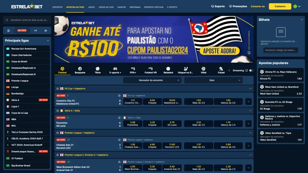 Captura de tela da Estrela Bet demonstrando a plataforma e as diferentes seções pelas quais é possível navegar. 
