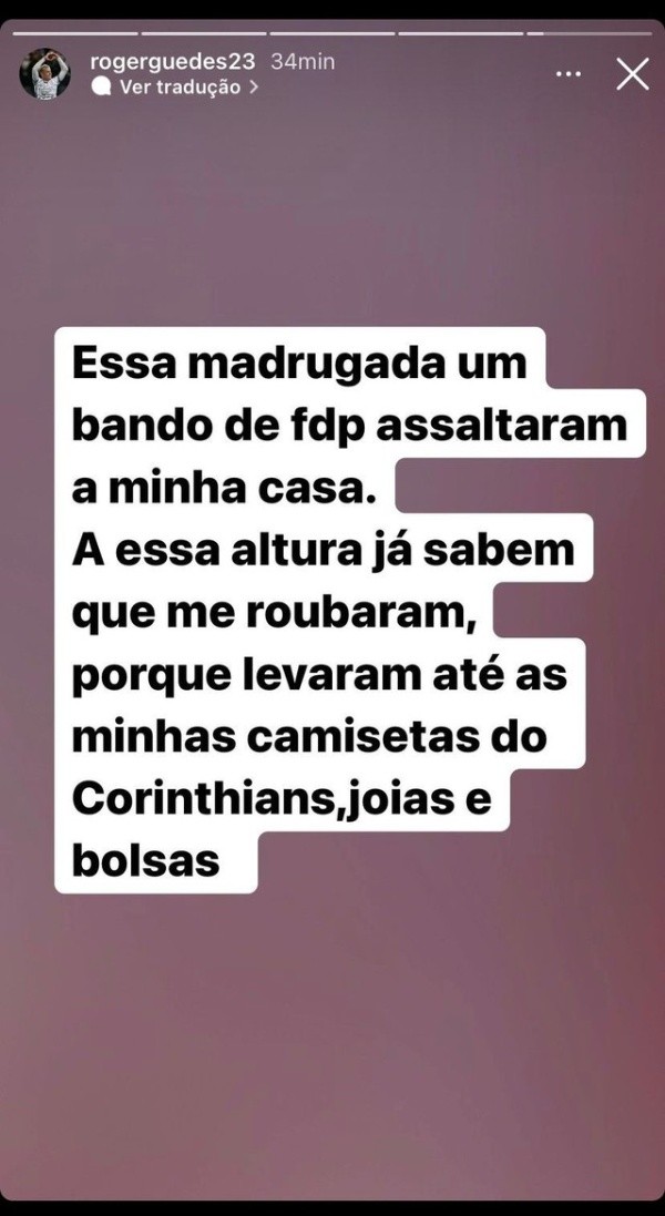 Foto:Reprodução/Instagram Oficial @rogerguedes23 – Róger Guedes confirma em rede social que teve a casa assaltada em Alphaville
