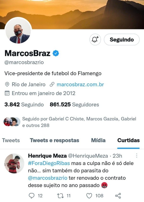Foto: Reprodução/Twitter – Marcos Braz curte crítica de torcedor do Flamengo sobre renovação de Diego Ribas