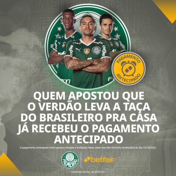 Foto: Divulgação/Betfair – Betfair efetua pagamento antecipado pelo título do Verdão