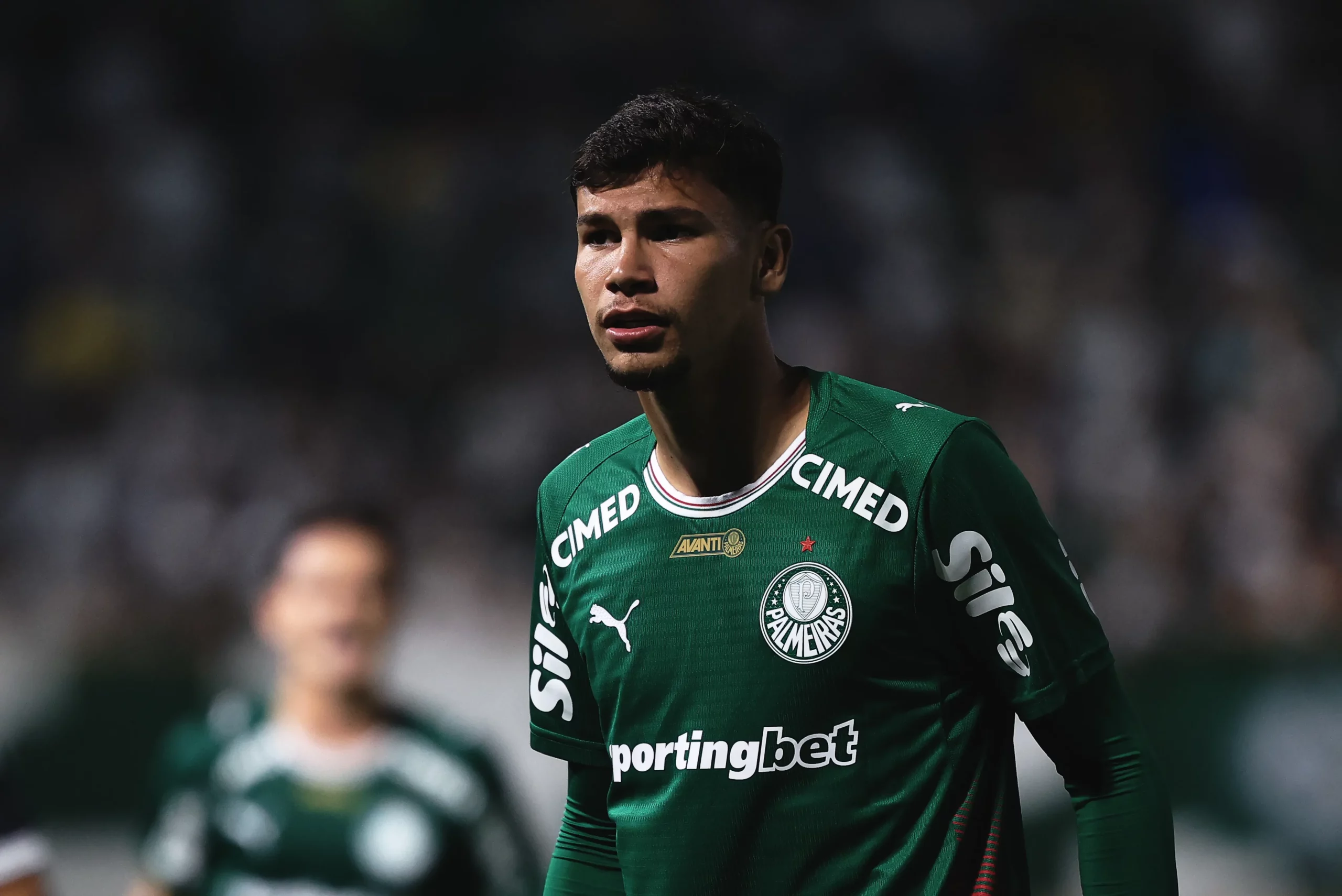 Erick Bele jogador do Palmeiras durante partida contra o Santos no estadio Arena Barueri pelo campeonato Paulista 2026. Foto: Ettore Chiereguini/AGIF