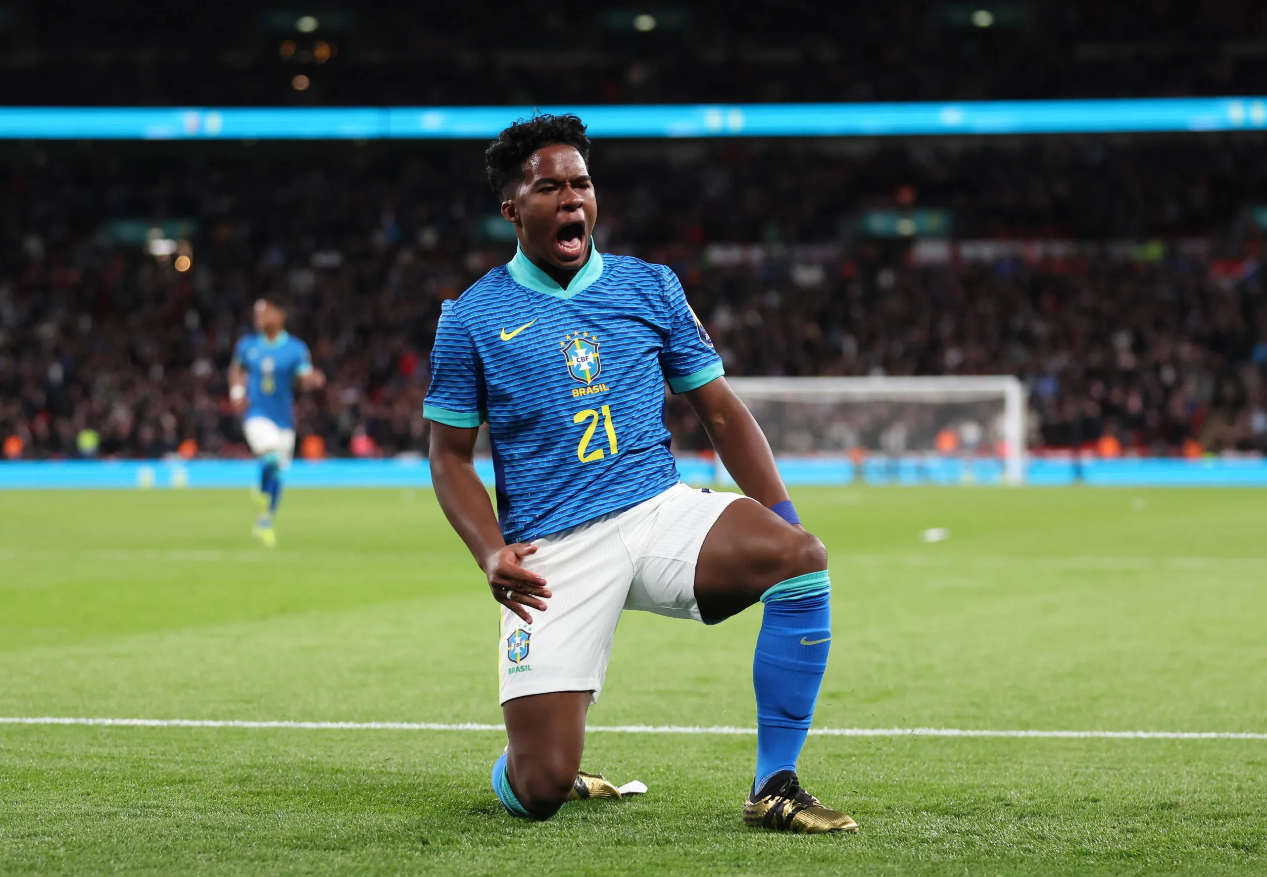 LONDON, ENGLAND – MARCH 23: Endrick of Brazil celebrates scoring the first goal during the international friendly match between England and Brazil at Wembley Stadium on March 23, 2024 in London, England. (Photo by Catherine Ivill/Getty Images)