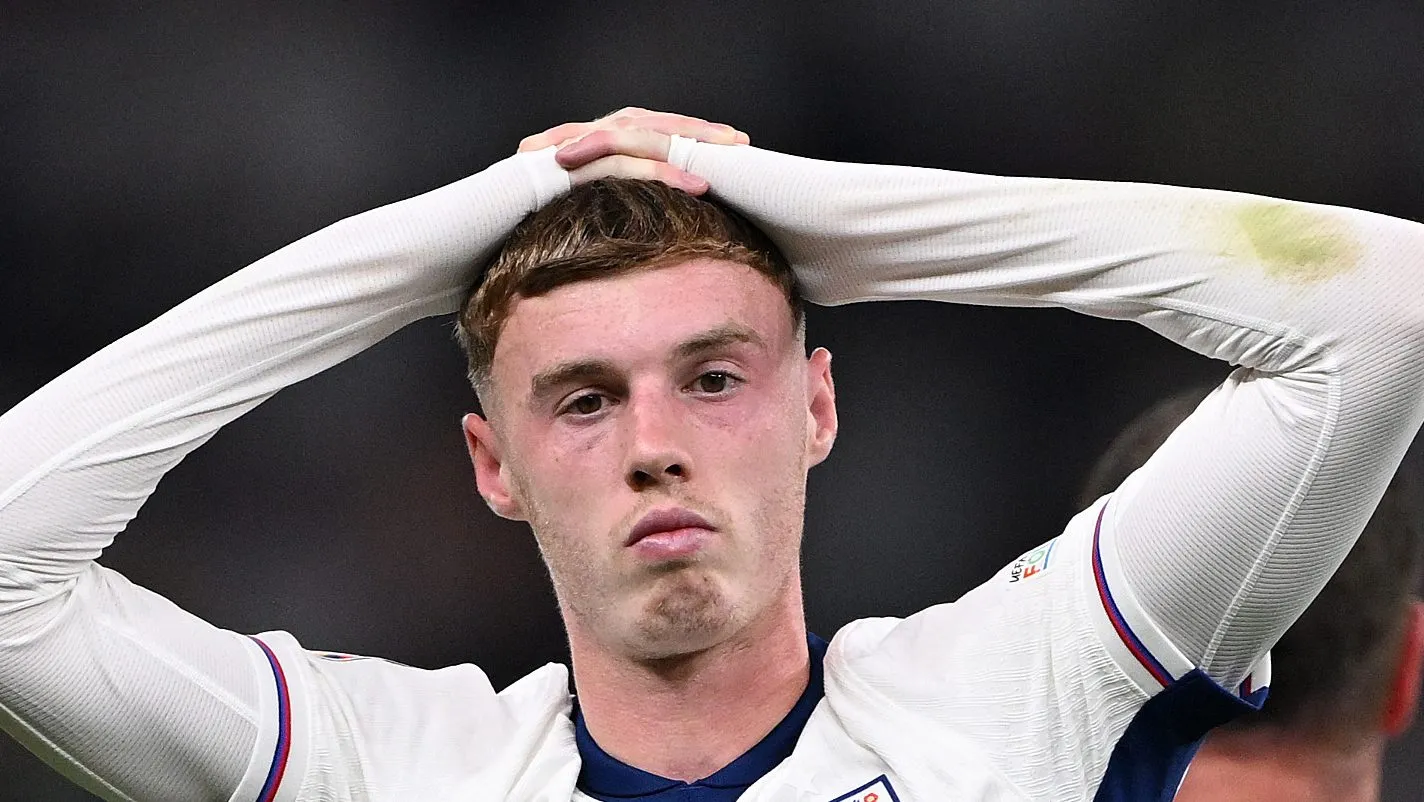 BERLIN, GERMANY – JULY 14: Cole Palmer of England looks dejected after defeat to Spain during the UEFA EURO 2024 final match between Spain and England at Olympiastadion on July 14, 2024 in Berlin, Germany. (Photo by Stu Forster/Getty Images)