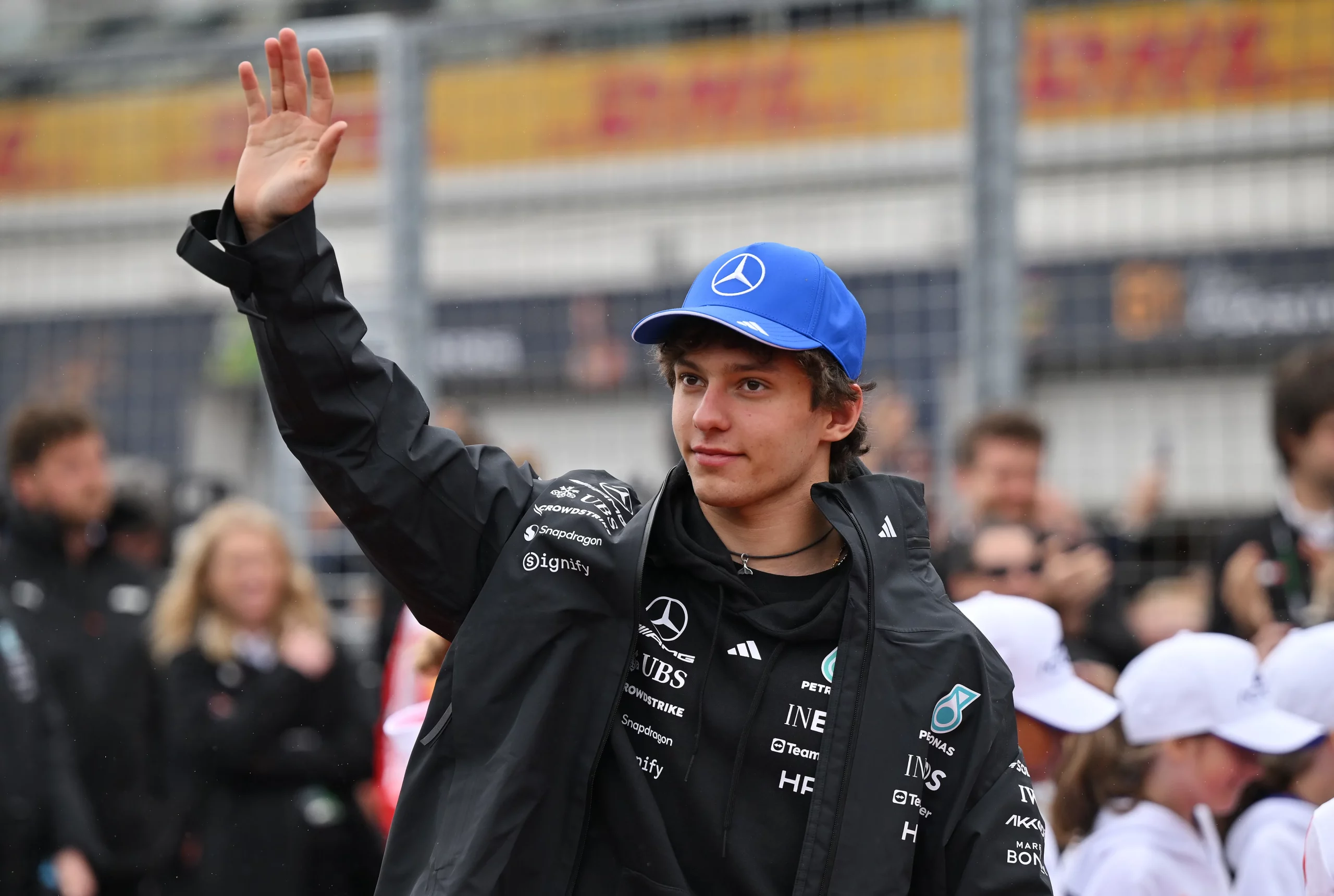 MONTREAL, QUEBEC – MAY 24: Andrea Kimi Antonelli of Italy and Mercedes AMG Petronas F1 Team waves on the drivers parade prior to the F1 Grand Prix of Canada at Circuit Gilles-Villeneuve on May 24, 2026 in Montreal, Quebec. (Photo by Minas Panagiotakis/Getty Images)