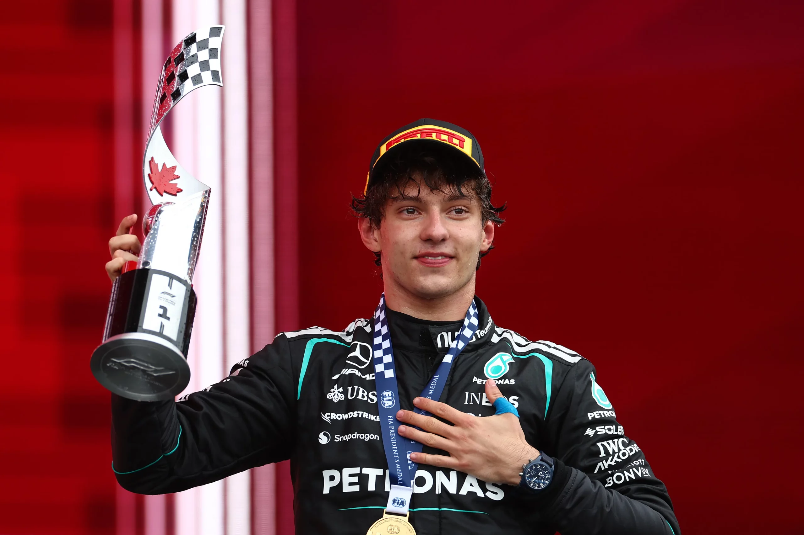 MONTREAL, QUEBEC – MAY 24: Race winner Andrea Kimi Antonelli of Italy and Mercedes AMG Petronas F1 Team celebrates on the podium with his trophy during the F1 Grand Prix of Canada at Circuit Gilles-Villeneuve on May 24, 2026 in Montreal, Quebec. (Photo by Peter Fox/Getty Images)