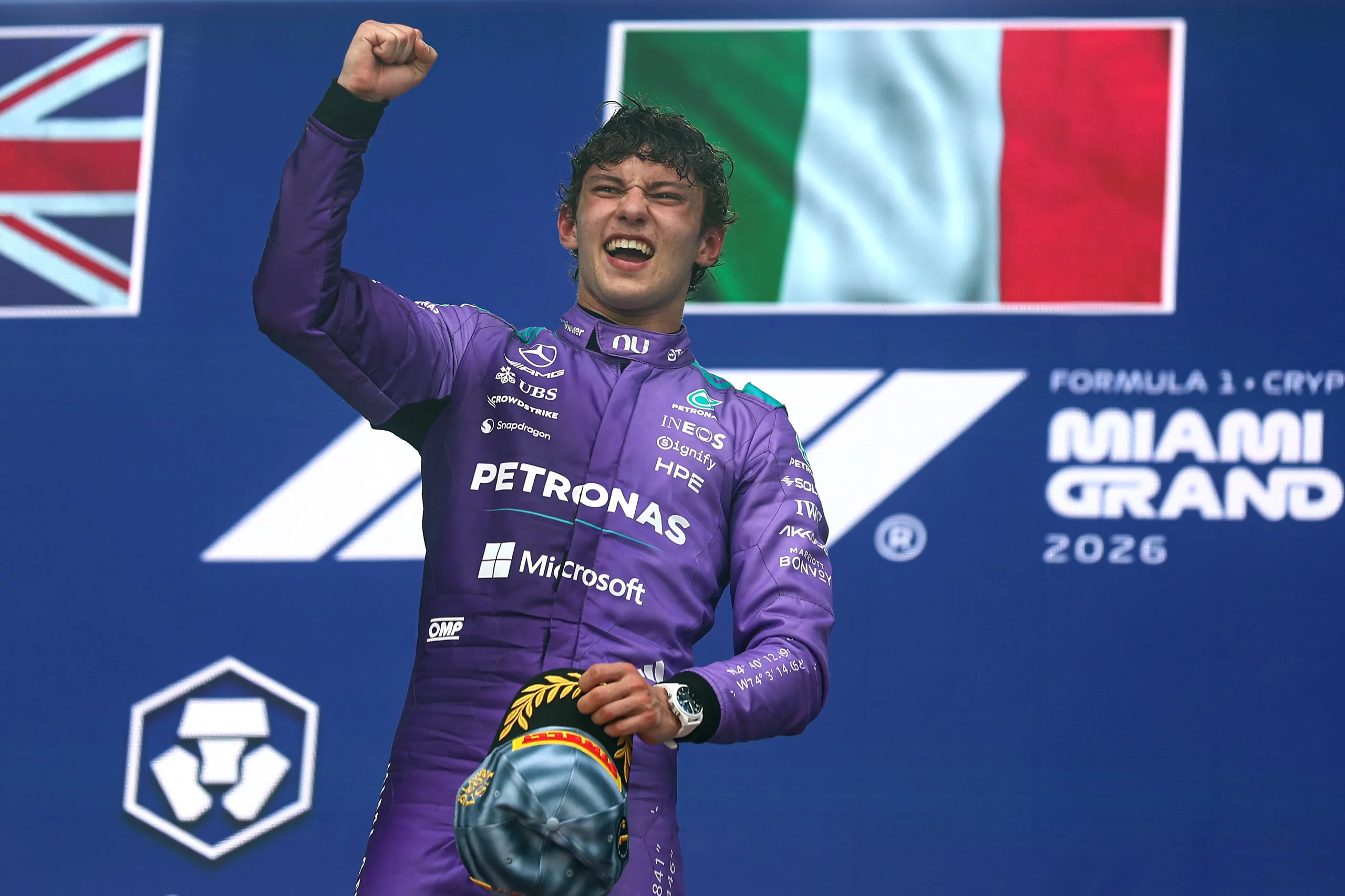 MIAMI, FLORIDA – MAY 03: Race winner Andrea Kimi Antonelli of Italy and Mercedes AMG Petronas F1 Team celebrates on the podium during the F1 Grand Prix of Miami at Miami International Autodrome on May 03, 2026 in Miami, Florida. (Photo by Peter Fox/Getty Images)