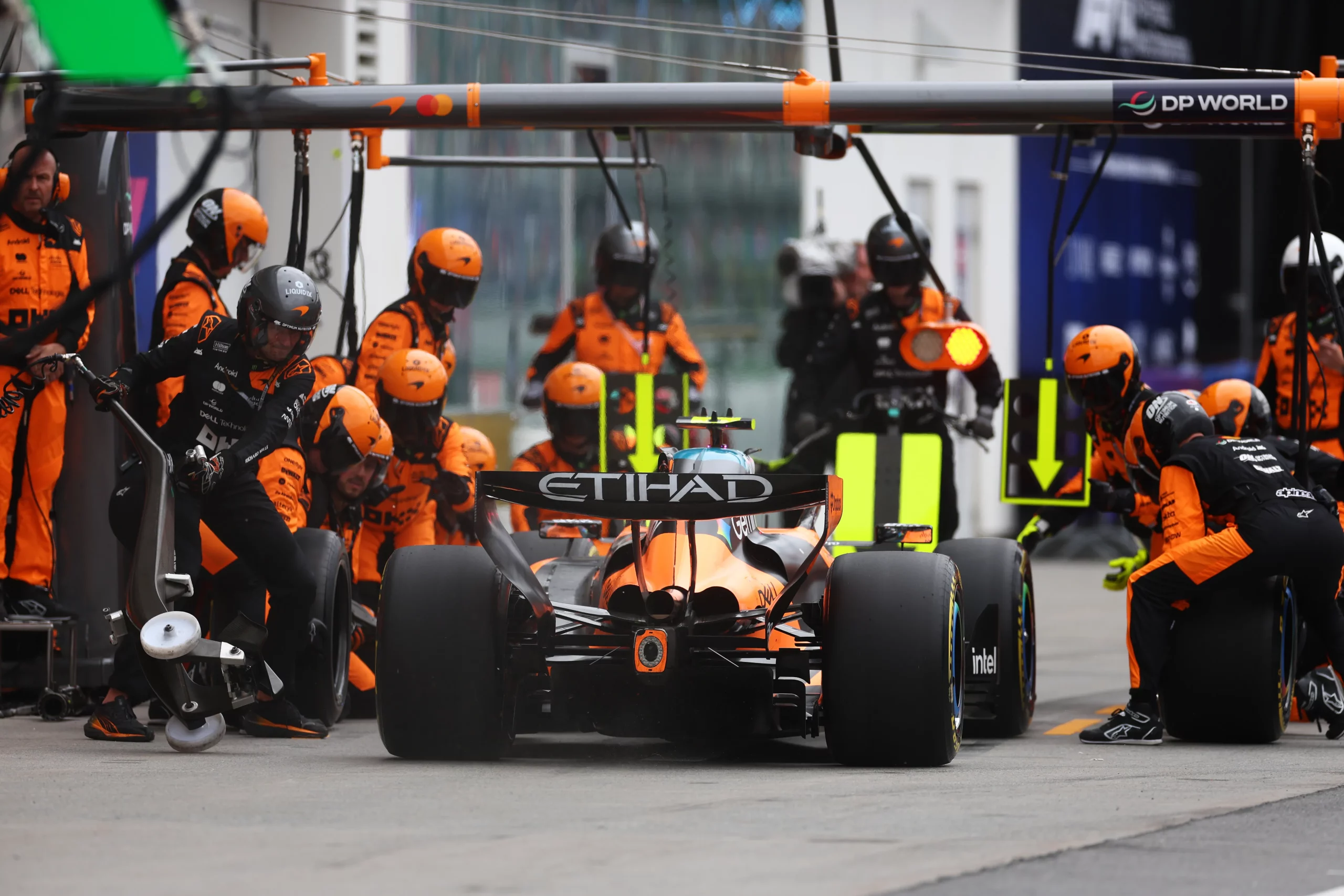 MONTREAL, QUEBEC – MAY 24: Lando Norris of Great Britain driving the (1) McLaren MCL40 Mercedes makes a pitstop during the F1 Grand Prix of Canada at Circuit Gilles-Villeneuve on May 24, 2026 in Montreal, Quebec. (Photo by Peter Fox/Getty Images)