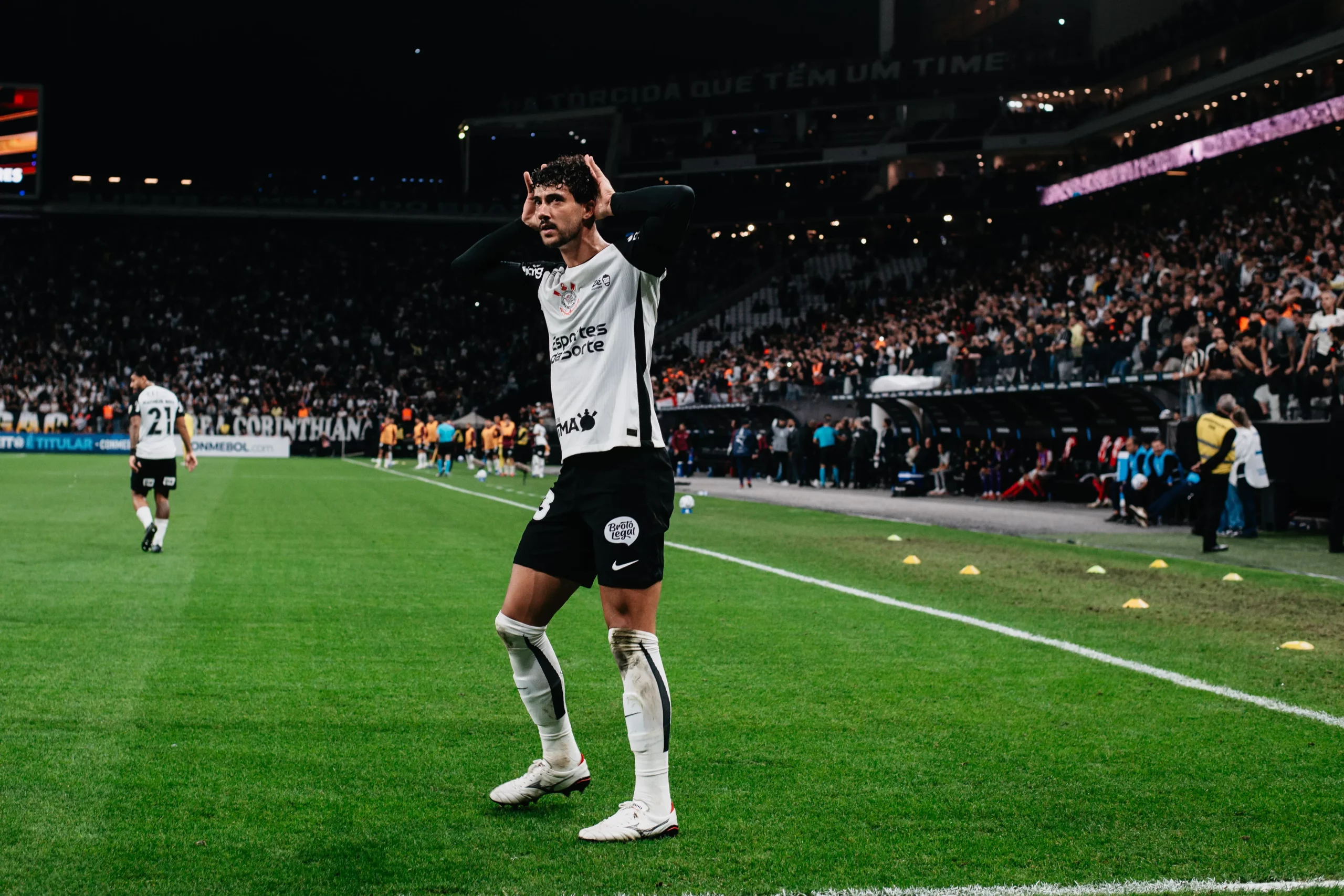 Gustavo Henrique jogador do Corinthians comemora seu gol durante partida contra o Santa Fe no estádio Arena Corinthians pelo campeonato Copa Libertadores 2026. Foto: Guilherme Veiga/RP FOTOPRESS/AGIF