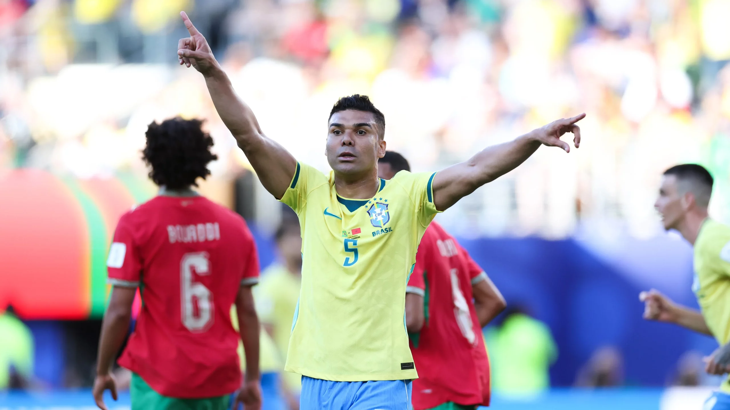 EAST RUTHERFORD, NEW JERSEY – JUNE 13: Casemiro #5 of Brazil reacts during the FIFA World Cup 2026 Group C match between Brazil and Morocco at New York New Jersey Stadium on June 13, 2026 in East Rutherford, New Jersey. (Photo by Kevin C. Cox/Getty Images)