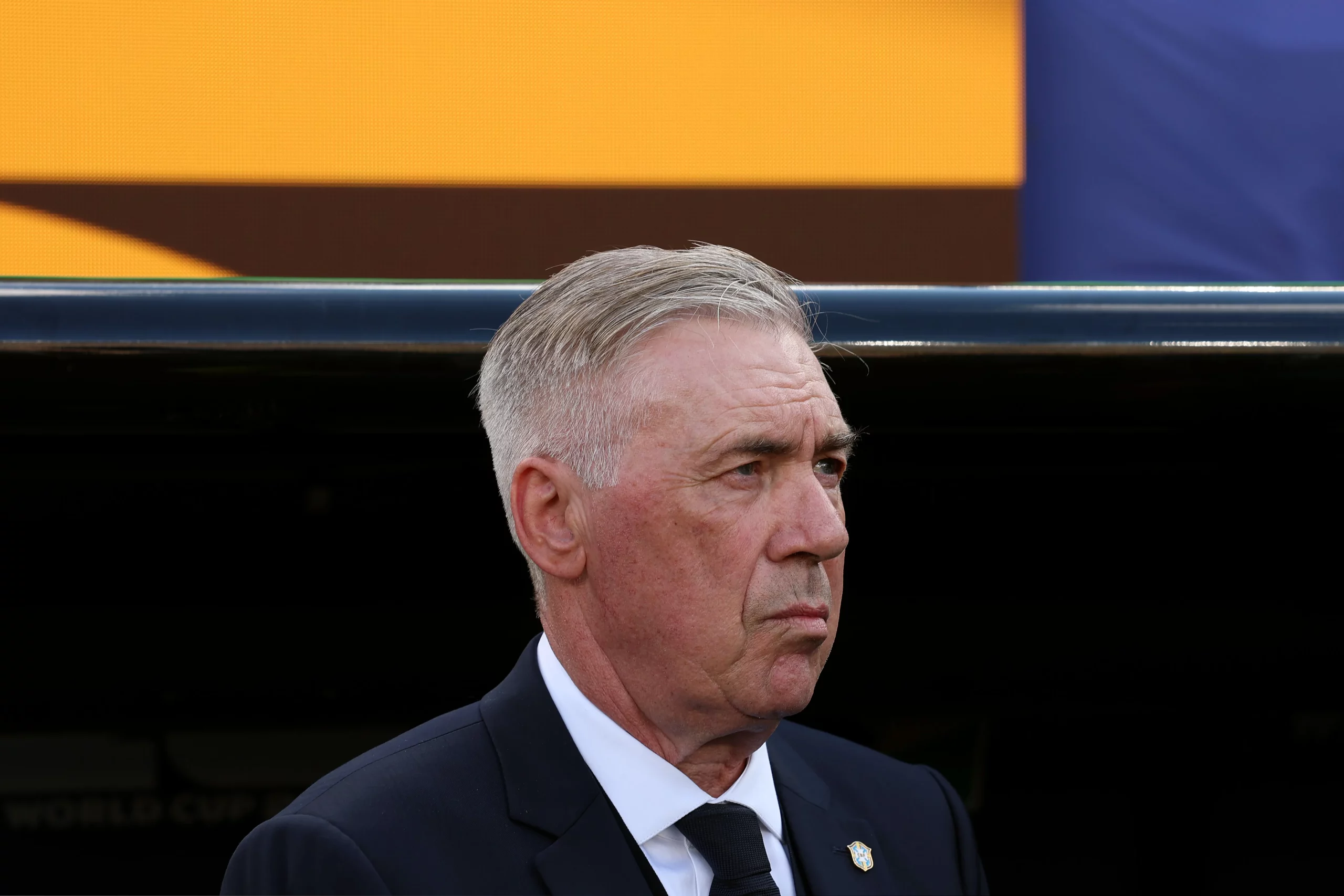 EAST RUTHERFORD, NEW JERSEY – JUNE 13: Carlo Ancelotti, Head Coach of Brazil, looks on before the FIFA World Cup 2026 Group C match between Brazil and Morocco at New York New Jersey Stadium on June 13, 2026 in East Rutherford, New Jersey. (Photo by Darrian Traynor/Getty Images)