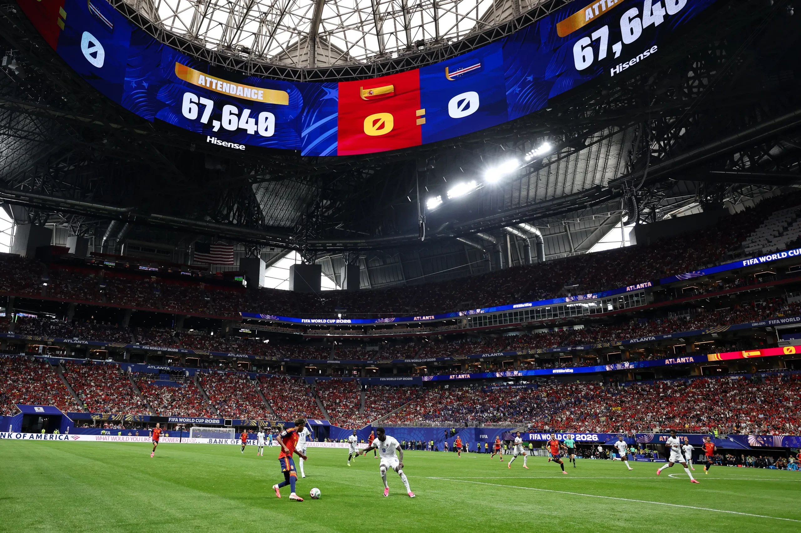 ATLANTA, GEORGIA – JUNE 15: Total attendance is displayed on the screen during the FIFA World Cup 2026 Group H match between Spain and Cabo Verde at Atlanta Stadium on June 15, 2026 in Atlanta, Georgia. (Photo by Florencia Tan Jun/Getty Images)