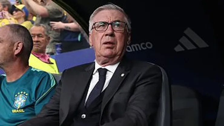 HOUSTON, TEXAS - JUNE 29: Carlo Ancelotti, Head Coach of Brazil, looks on before the FIFA World Cup 2026 Round Of 32 match between Brazil and Japan at Houston Stadium on June 29, 2026 in Houston, Texas. (Photo by Lars Baron/Getty Images)