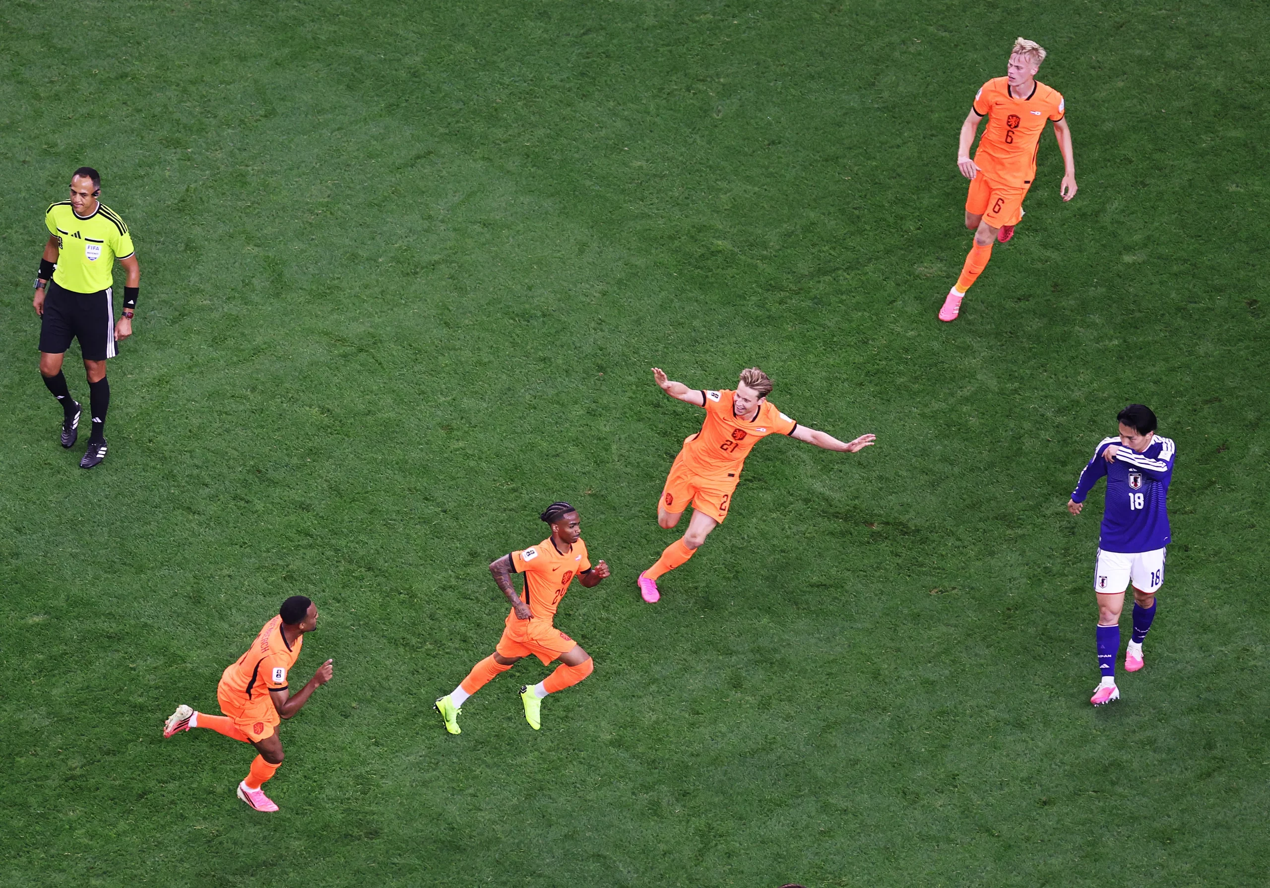 ARLINGTON, TEXAS – JUNE 14: Crysencio Summerville #24 of Netherlands celebrates scoring his team’s second goal during the FIFA World Cup 2026 Group F match between Netherlands and Japan at Dallas Stadium on June 14, 2026 in Arlington, Texas. (Photo by Stacy Revere/Getty Images)