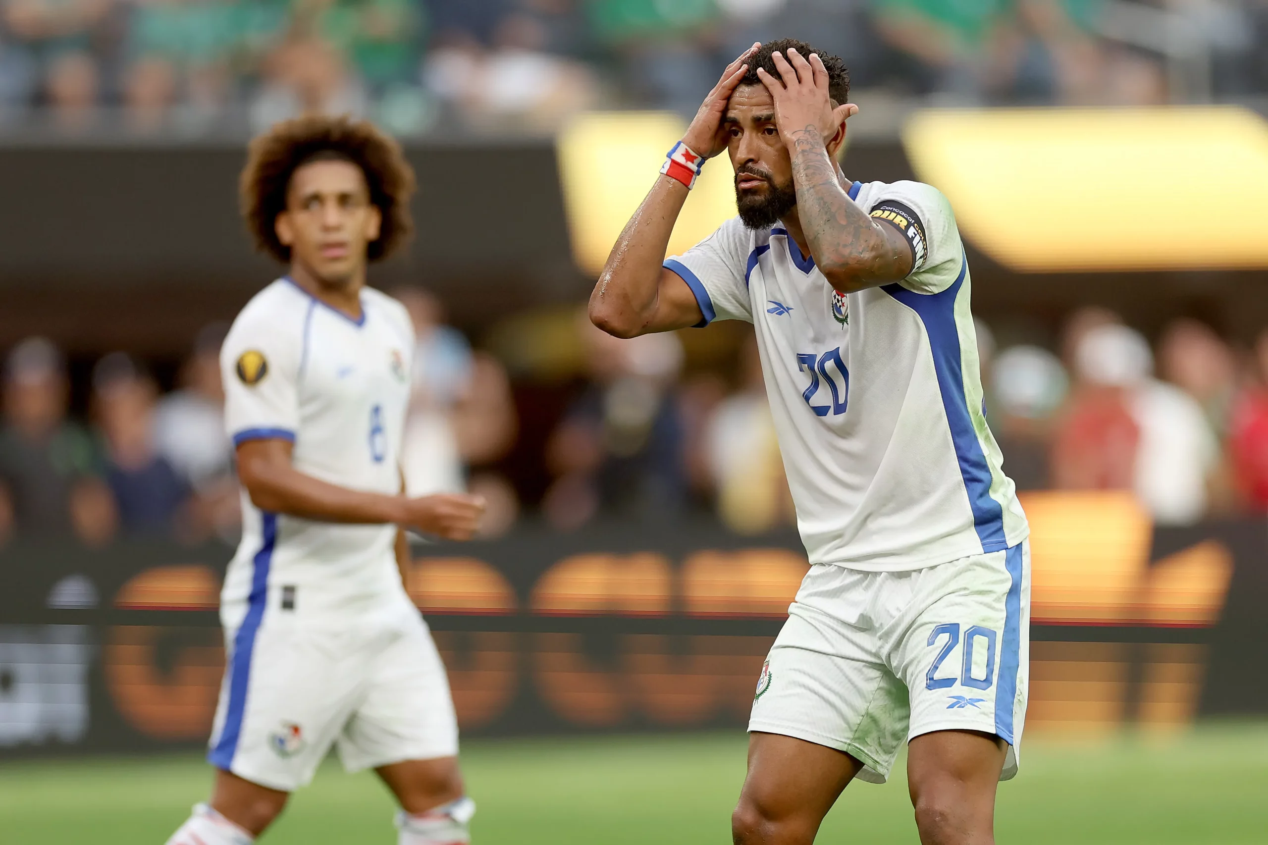 INGLEWOOD, CALIFORNIA – JULY 16: Anibal Godoy #20 of Team Panama reacts to an errant shot during the first half of the Concacaf Gold Cup final match between Mexico and Panama at SoFi Stadium on July 16, 2023 in Inglewood, California. (Photo by Sean M. Haffey/Getty Images)