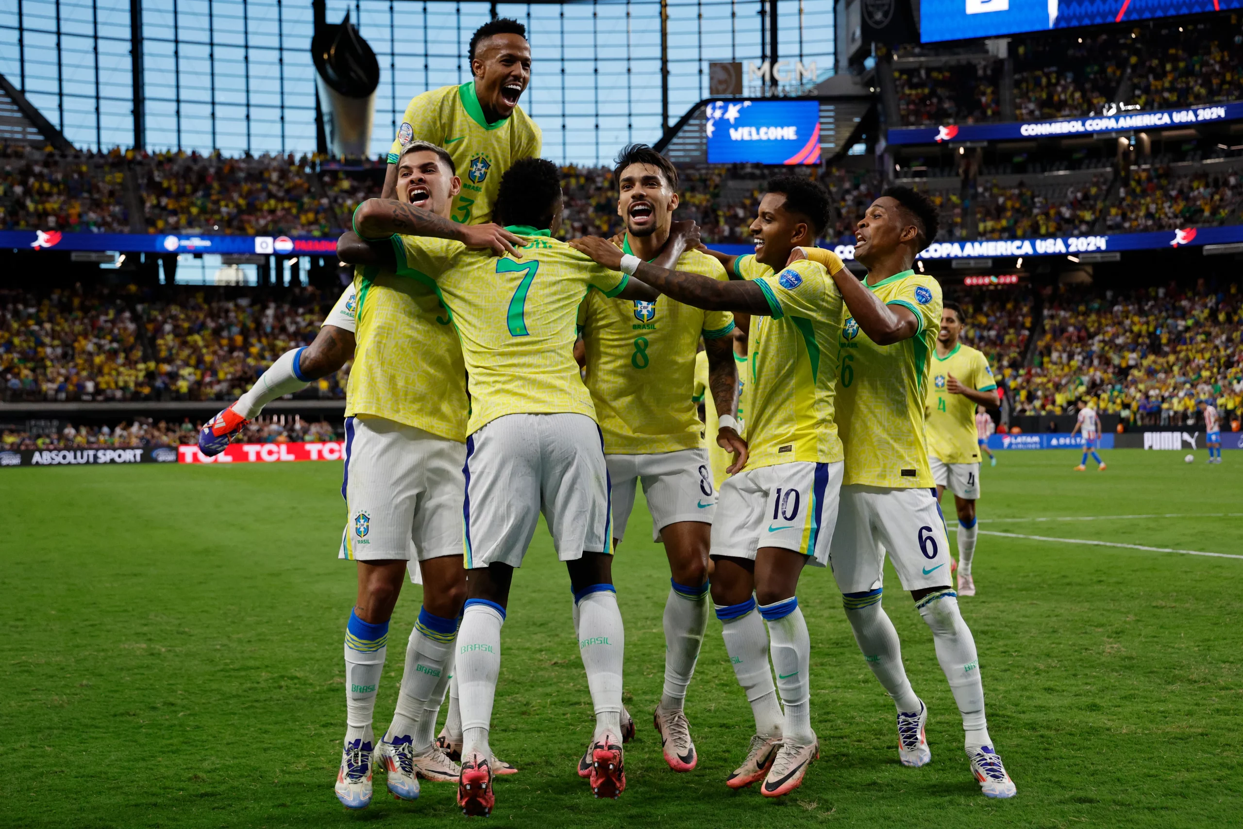 LAS VEGAS, NEVADA – JUNE 28: Vinicius Junior of Brazil celebrates after scoring the team’s third goal  during the CONMEBOL Copa America 2024 Group D match between Paraguay and Brazil at Allegiant Stadium on June 28, 2024 in Las Vegas, Nevada. (Photo by Kevork Djansezian/Getty Images)